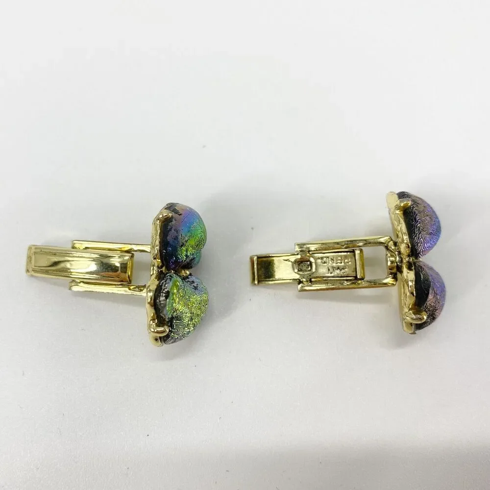 Vintage Unique Cufflinks Aurora Borealis Art Glass Iridescent Metallic Pat Pend